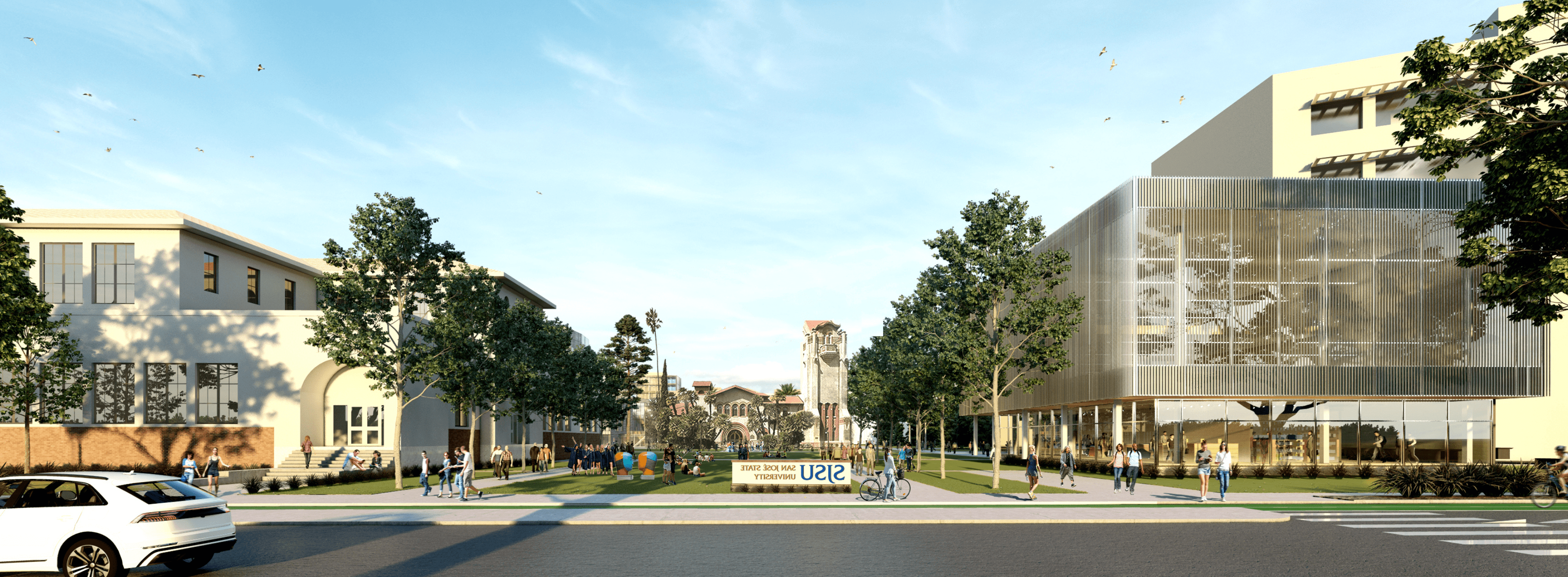 Rendering of a re-imagined Tower Hall and surrounding buildings.