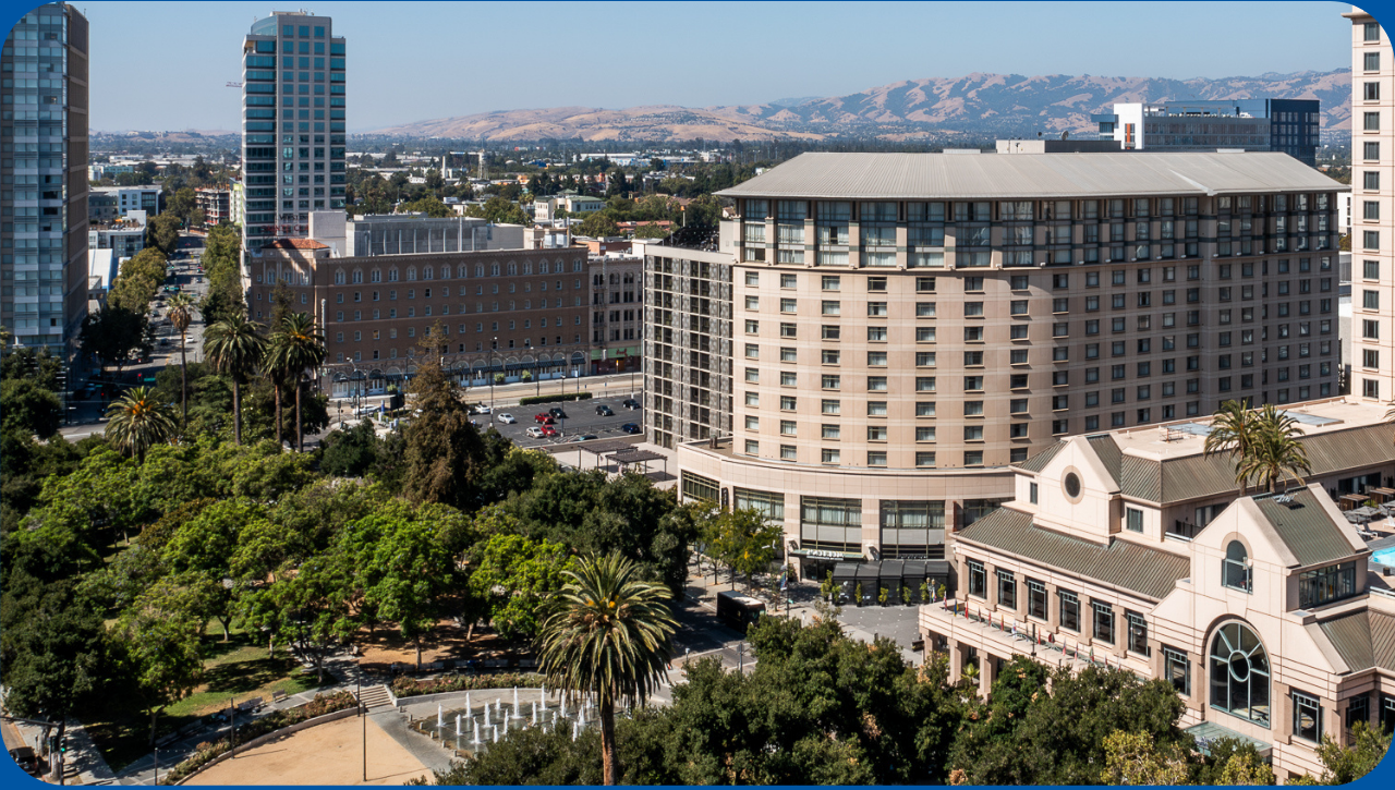 Aerial view of the exterior of Spartan Village on the Paseo and surrounding buildings.